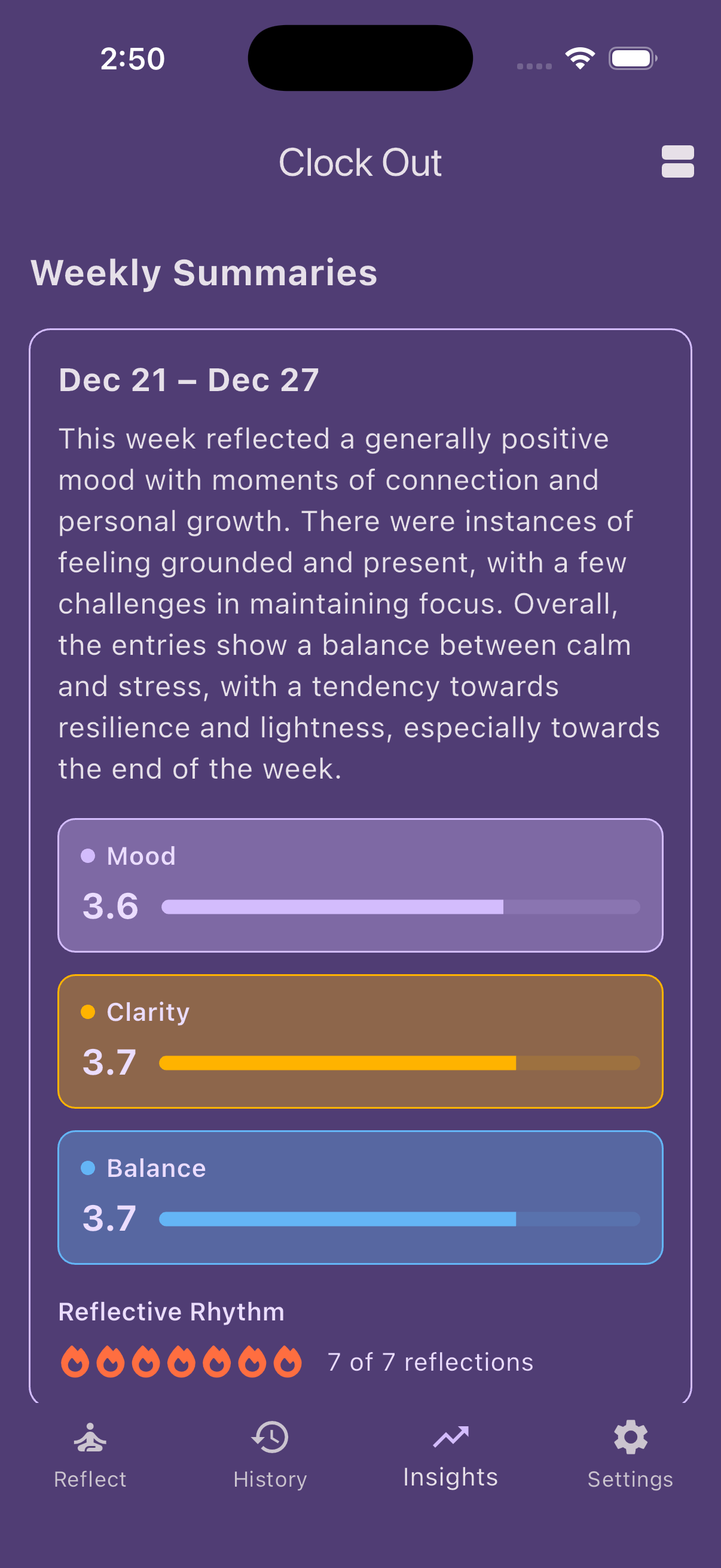 Clock Out weekly summaries screen showing mood, clarity and balance